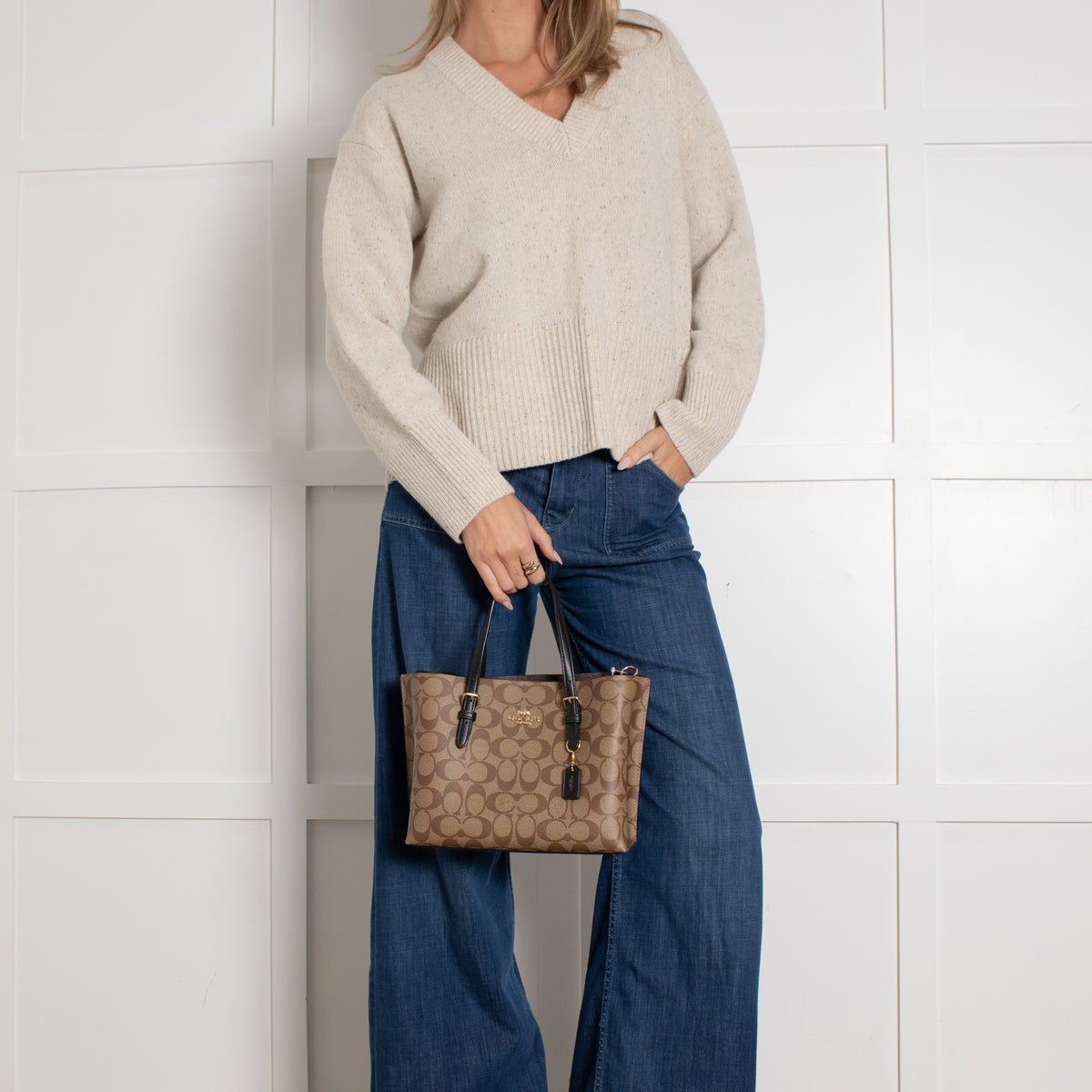 Coach Beige Signature Canvas Zippered Top Tote Bag - Image 1