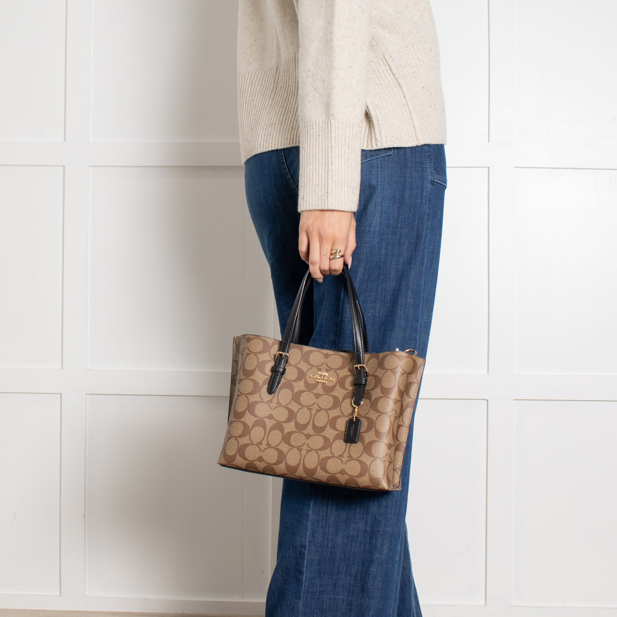 Coach Beige Signature Canvas Zippered Top Tote Bag - Image 2