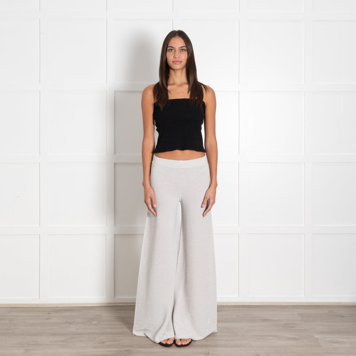 D'Exterior Ribbed Silver Thread And White Wide Leg Trousers - Image 1