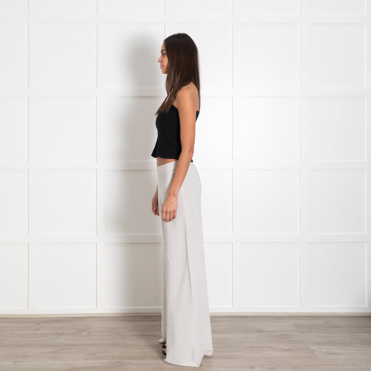 D'Exterior Ribbed Silver Thread And White Wide Leg Trousers - Image 4