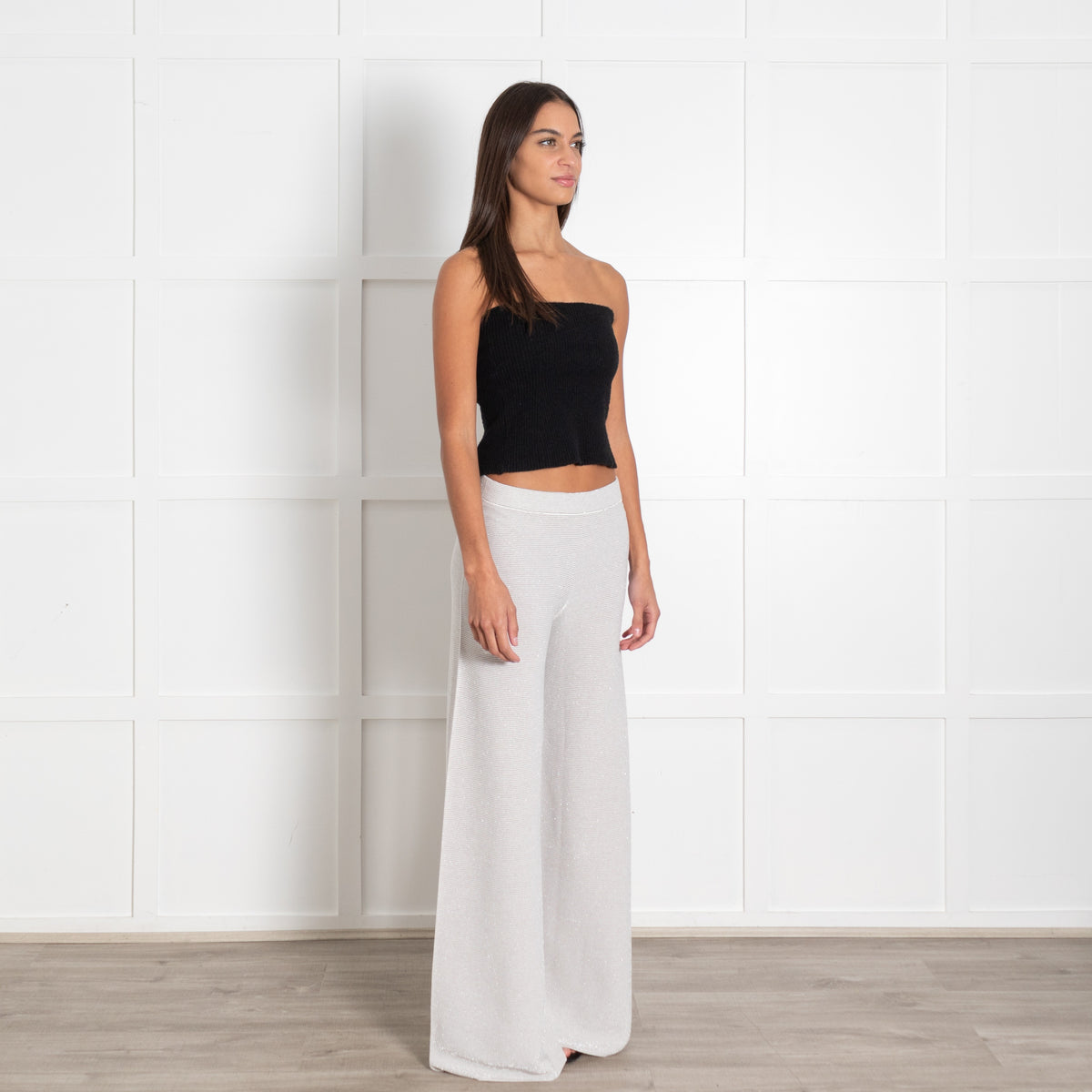 D'Exterior Ribbed Silver Thread And White Wide Leg Trousers - Image 6