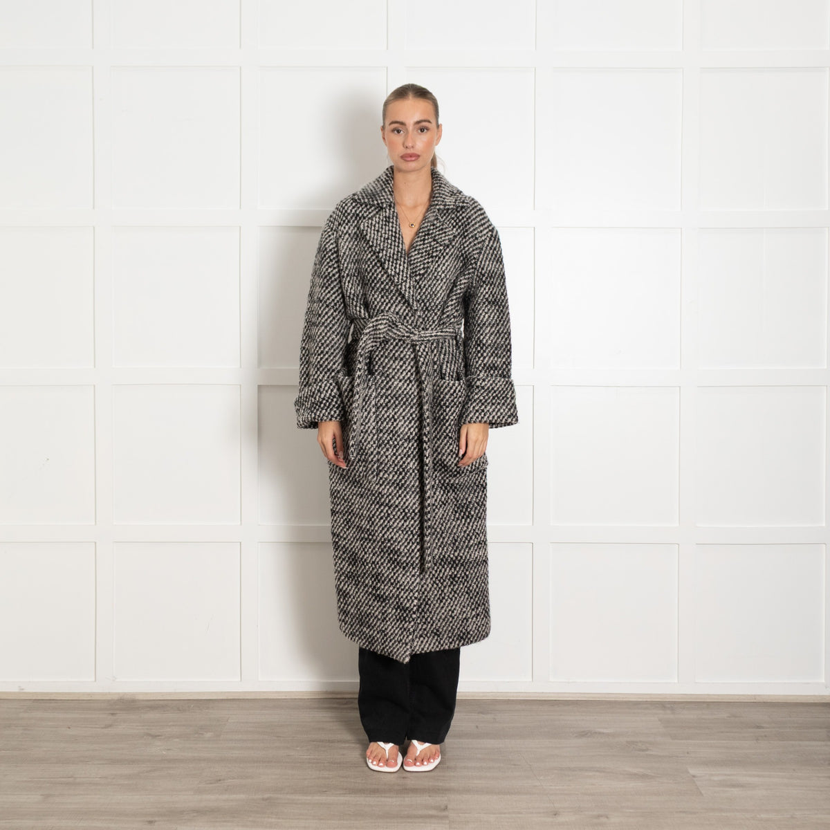 Dea Kubidal Black and White Tie Wool Blend Long Coat - Image 1