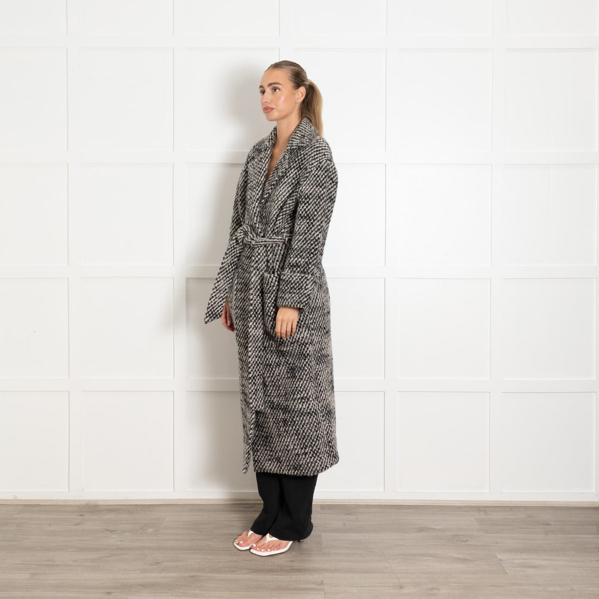 Dea Kubidal Black and White Tie Wool Blend Long Coat - Image 3