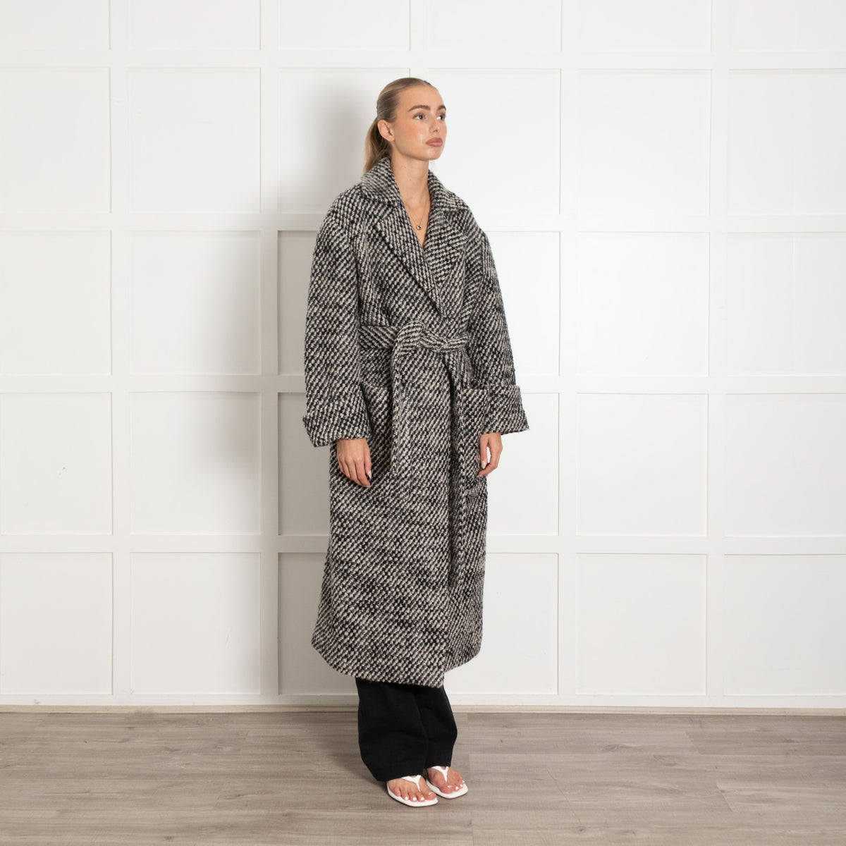 Dea Kubidal Black and White Tie Wool Blend Long Coat - Image 7
