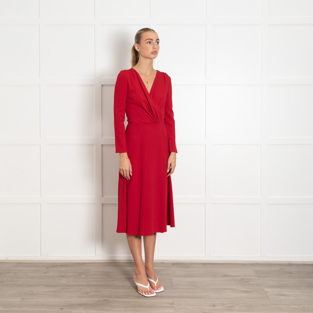 Dolce & Gabbana Red V-Necked Long Sleeve Wrap Dress - Image 7
