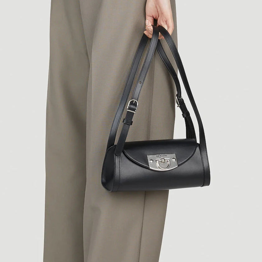 Durazzi Milano Black Leather Roll Double Strap Bag