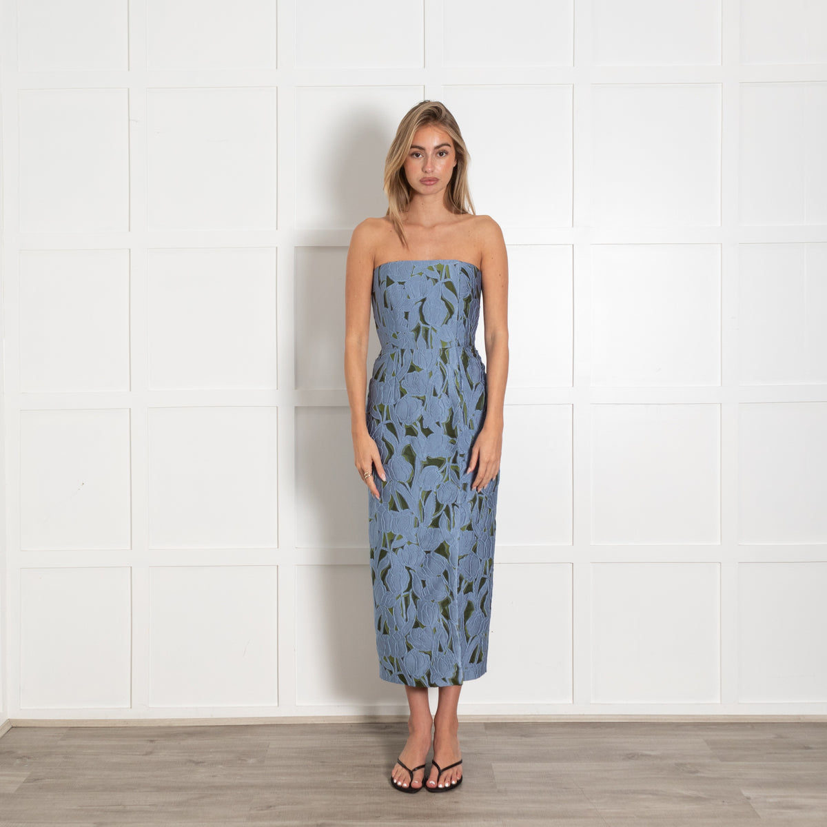 Emilia Wickstead Blue Green Floral Jacquard Strapless Dress - Image 1