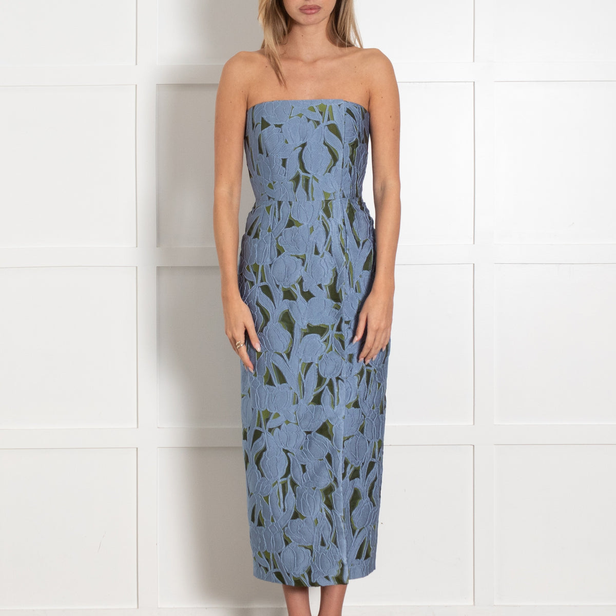 Emilia Wickstead Blue Green Floral Jacquard Strapless Dress - Image 2
