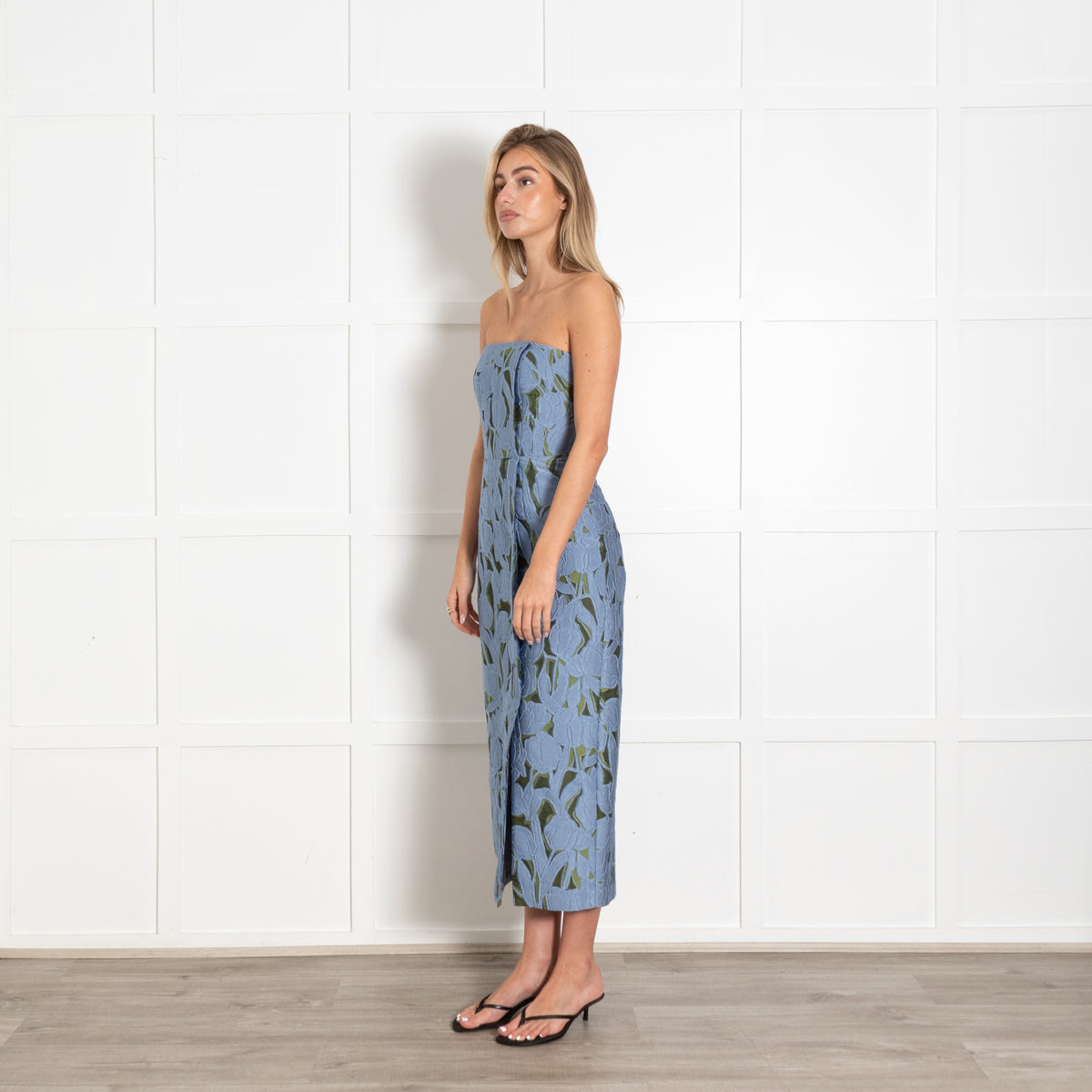 Emilia Wickstead Blue Green Floral Jacquard Strapless Dress - Image 3