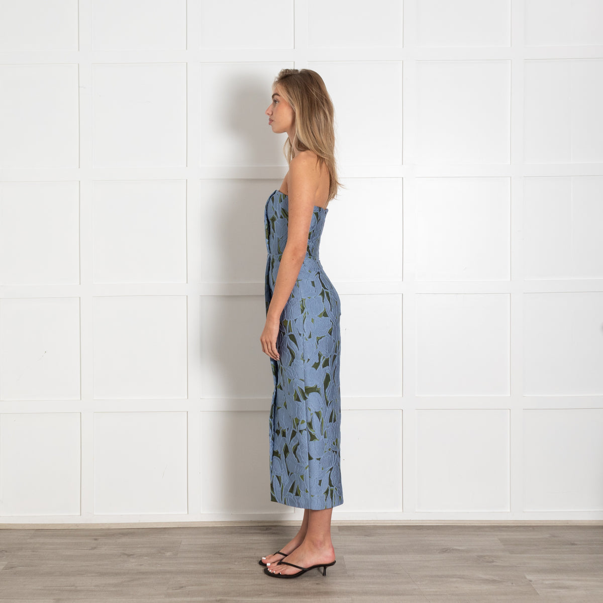 Emilia Wickstead Blue Green Floral Jacquard Strapless Dress - Image 4