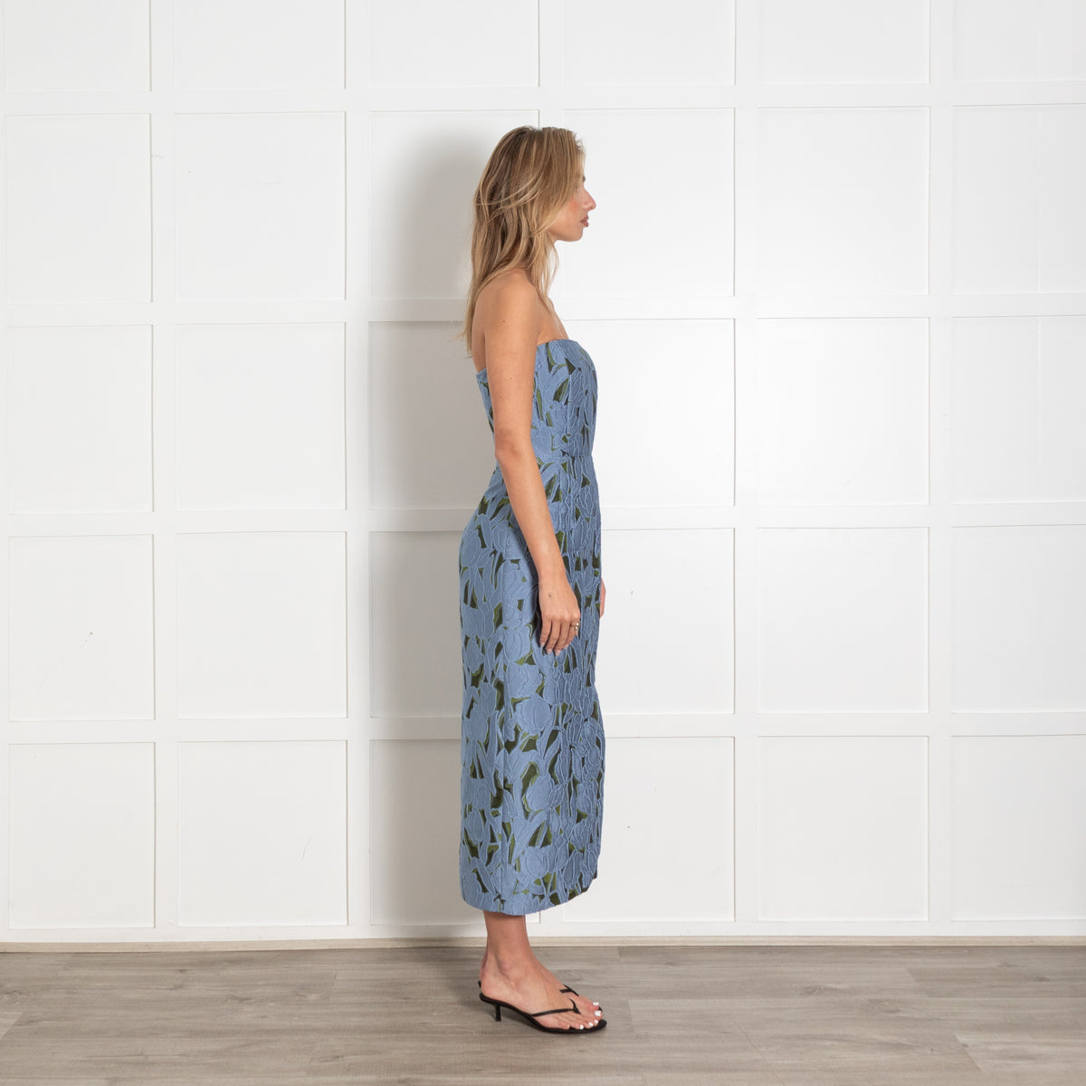 Emilia Wickstead Blue Green Floral Jacquard Strapless Dress - Image 6