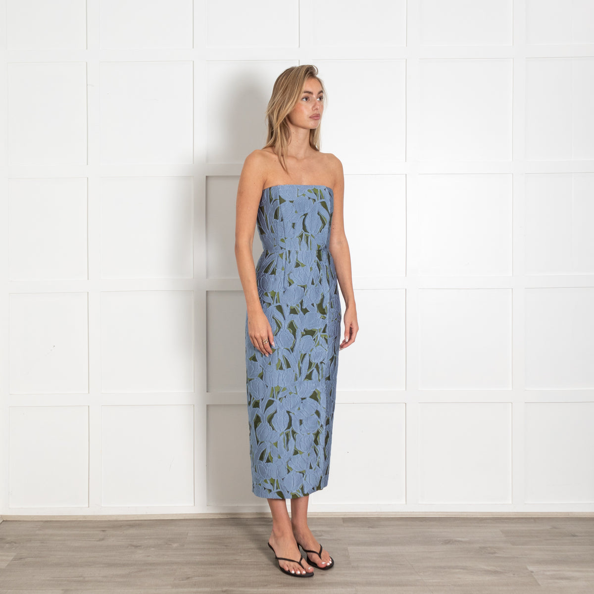 Emilia Wickstead Blue Green Floral Jacquard Strapless Dress - Image 7