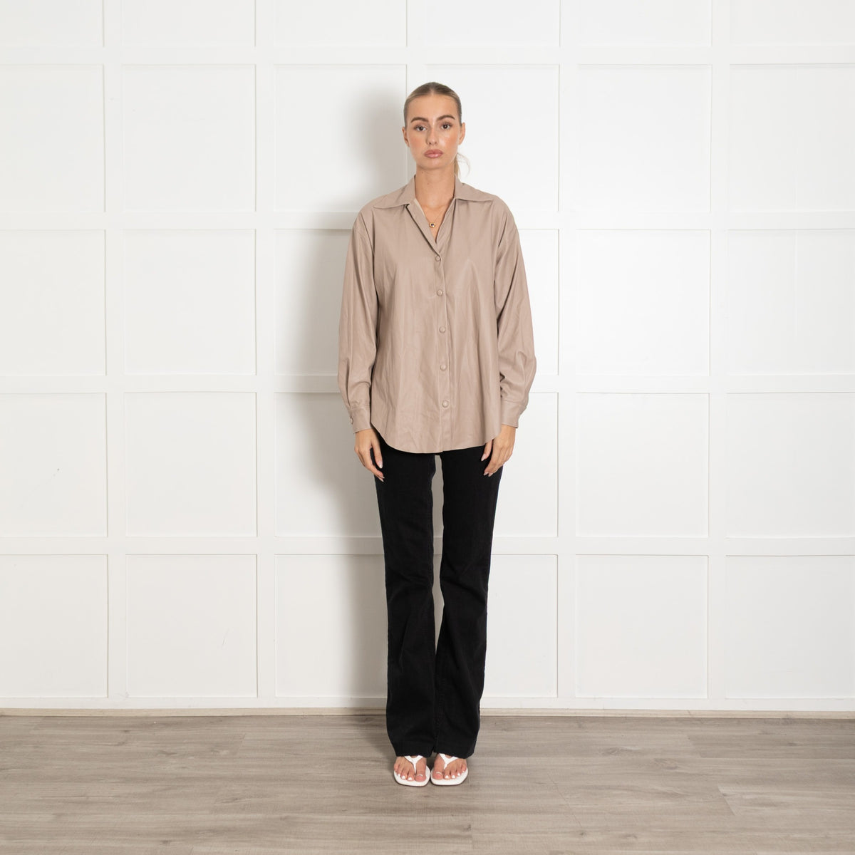Enza Costa Beige Faux Leather Popper Front Oversized Shirt - Image 1