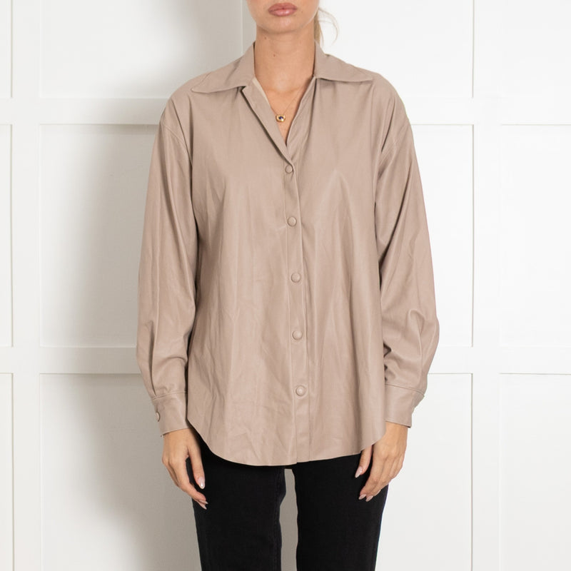Enza Costa Beige Faux Leather Popper Front Oversized Shirt - Image 2