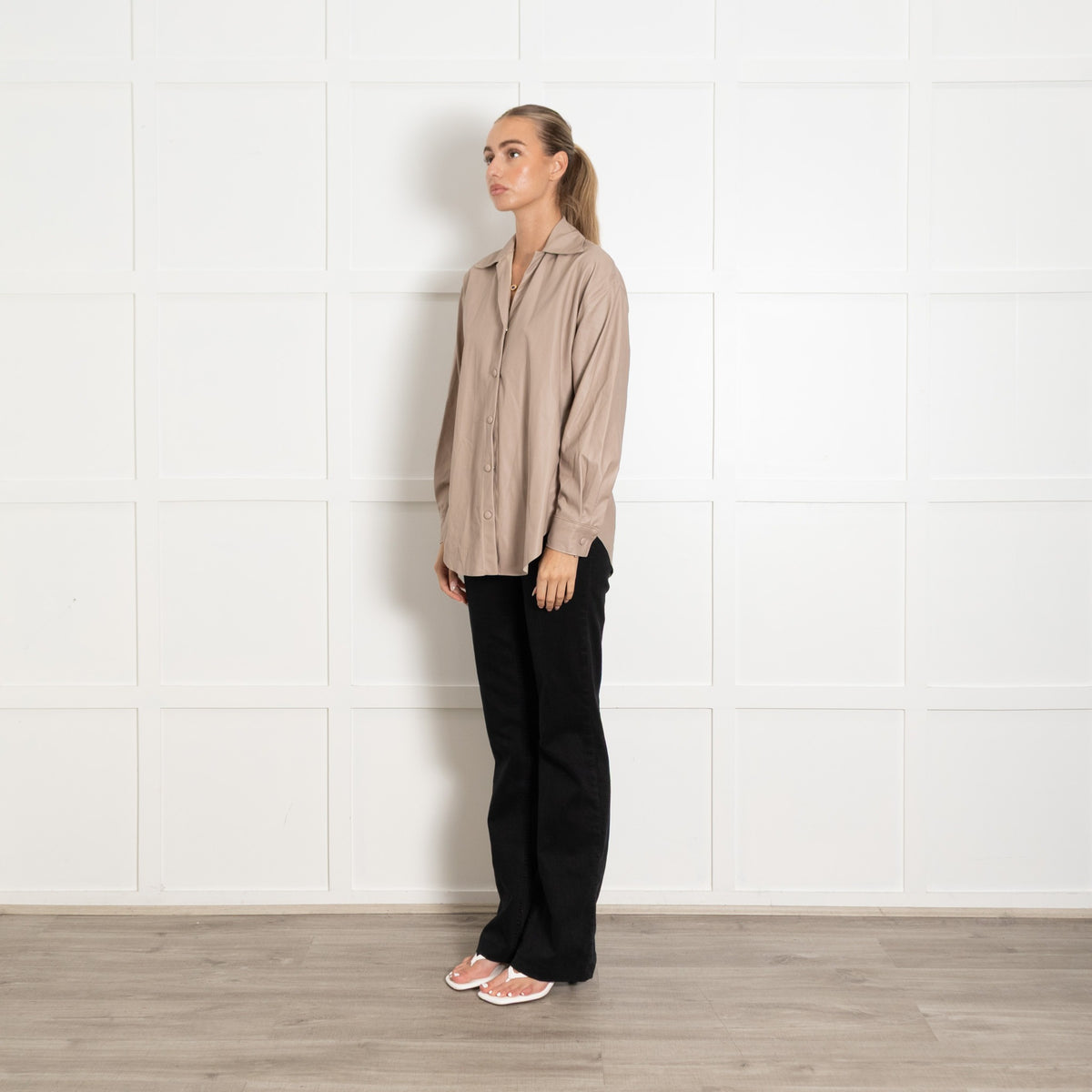 Enza Costa Beige Faux Leather Popper Front Oversized Shirt - Image 3