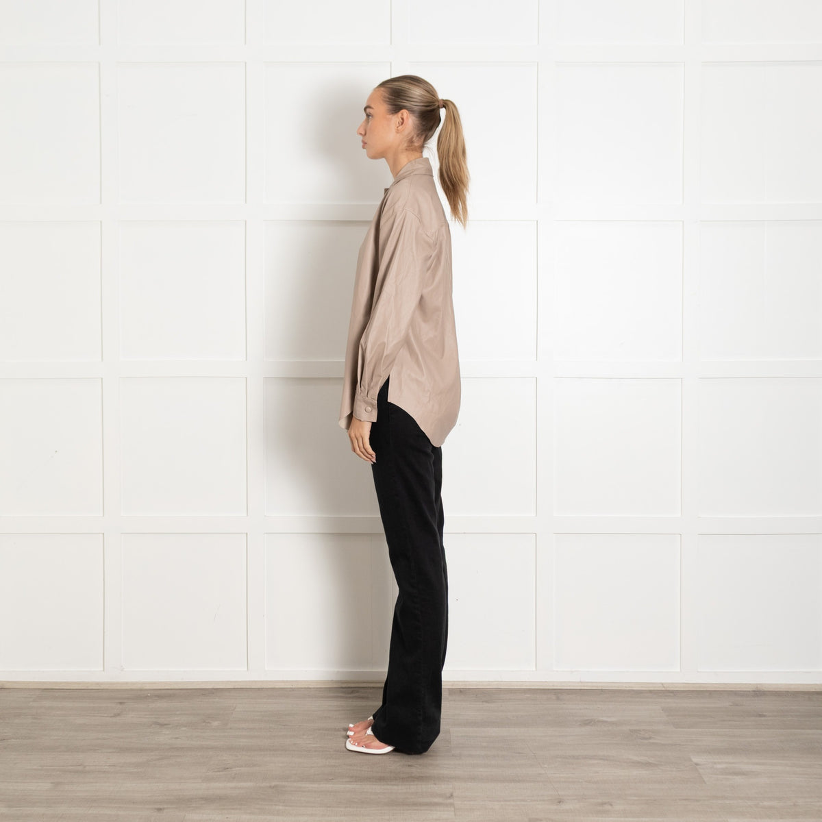 Enza Costa Beige Faux Leather Popper Front Oversized Shirt - Image 4