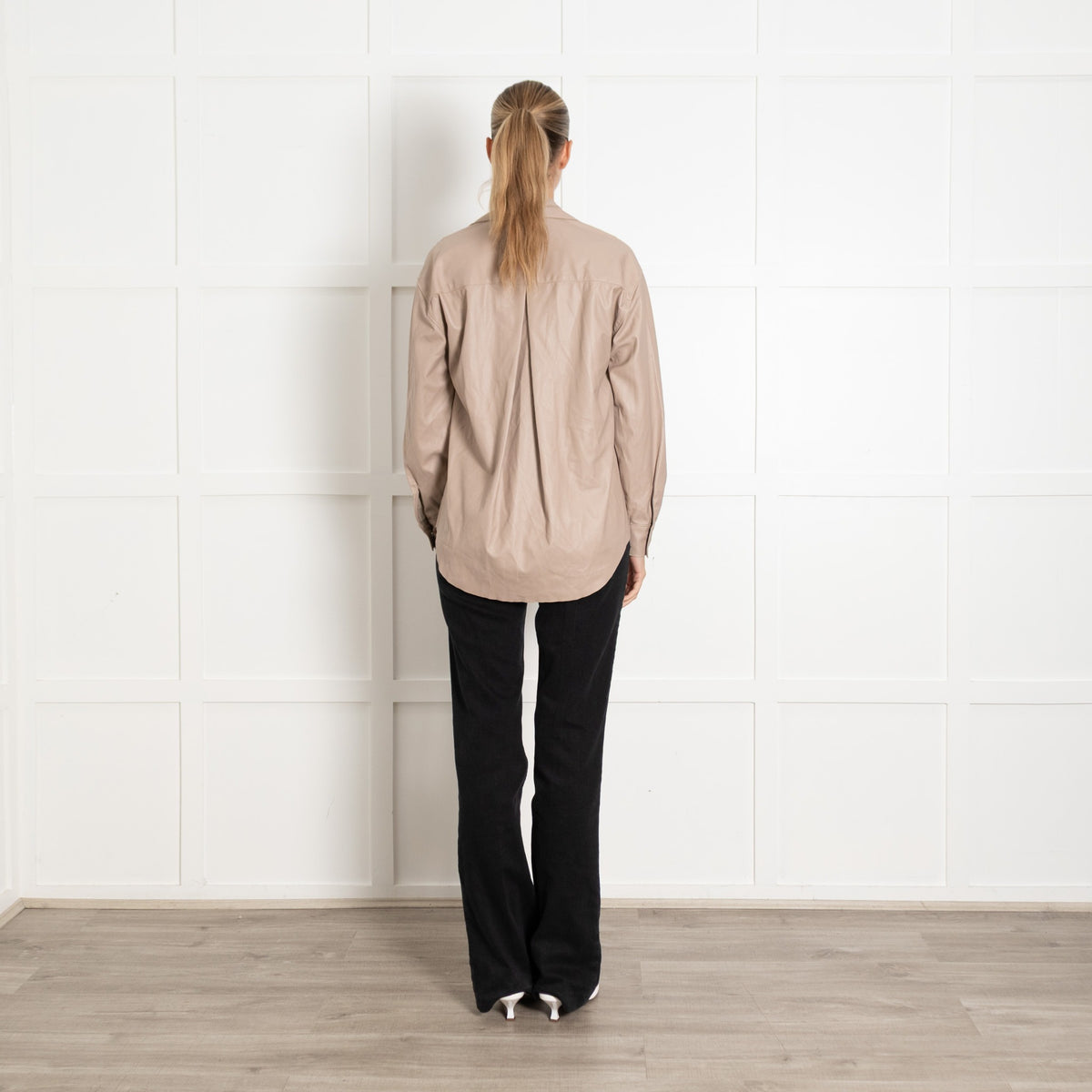 Enza Costa Beige Faux Leather Popper Front Oversized Shirt - Image 5