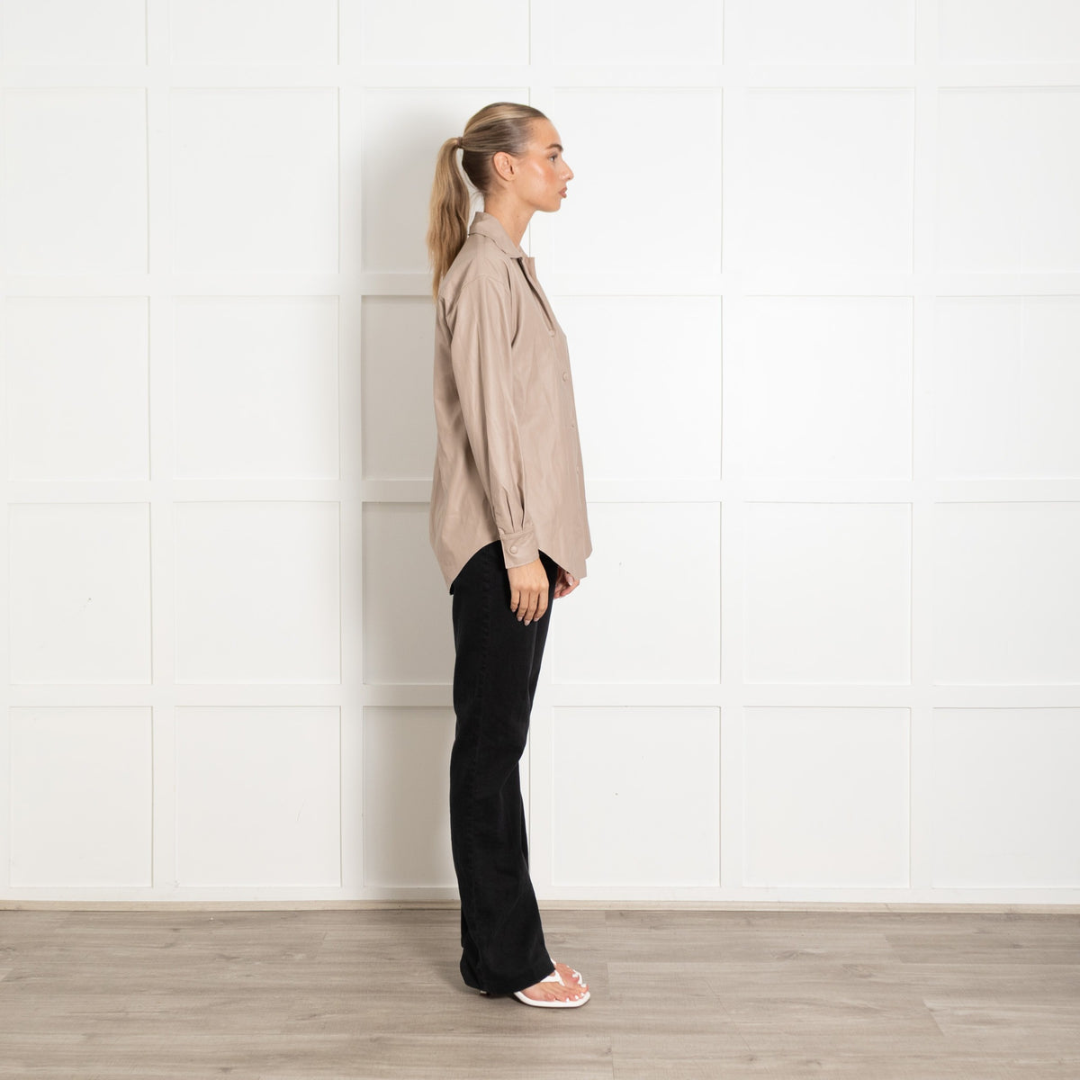 Enza Costa Beige Faux Leather Popper Front Oversized Shirt - Image 6
