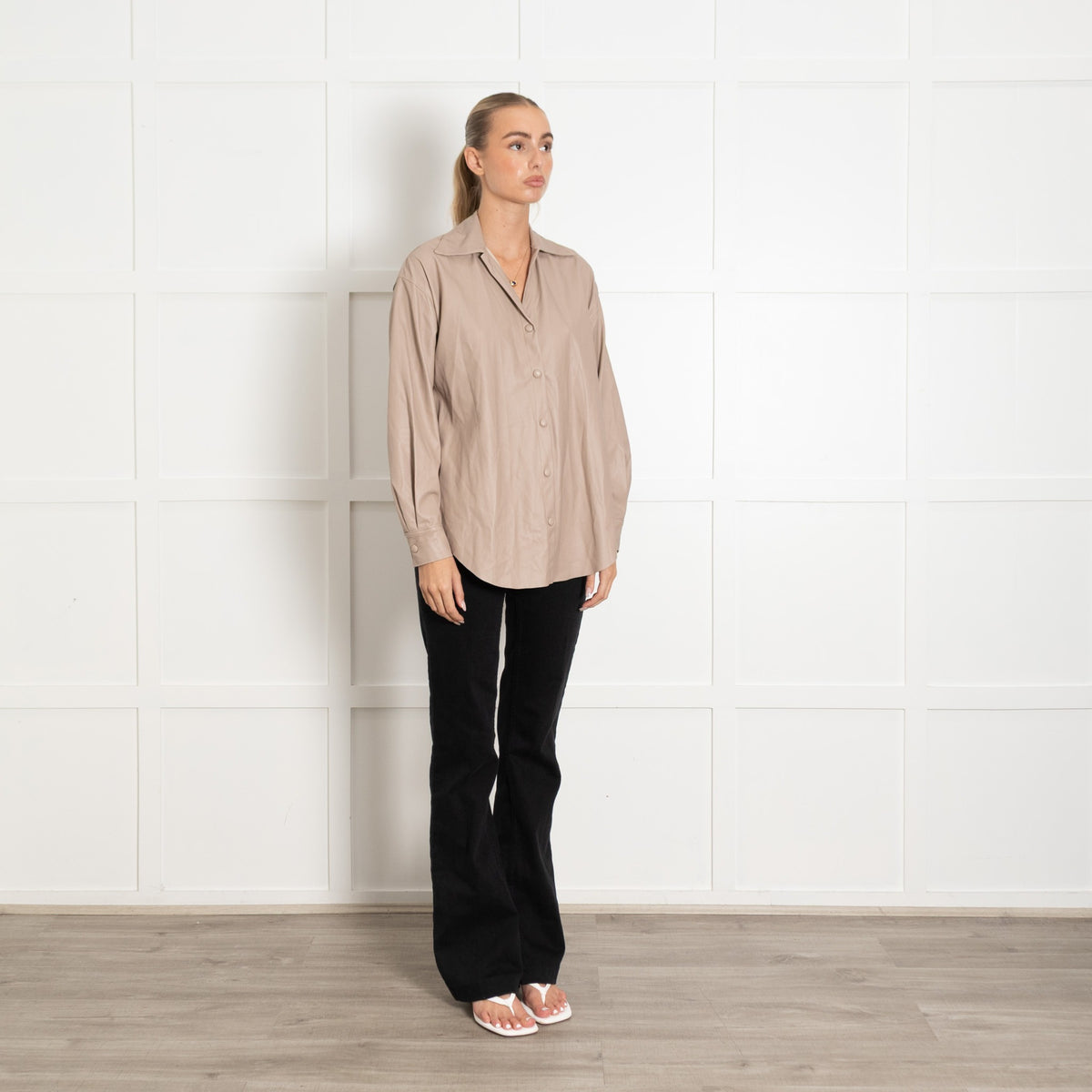 Enza Costa Beige Faux Leather Popper Front Oversized Shirt - Image 7