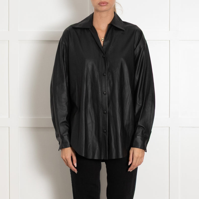 Enza Costa Black Faux Leather Popper Front Oversized Shirt UK6 - Image 2