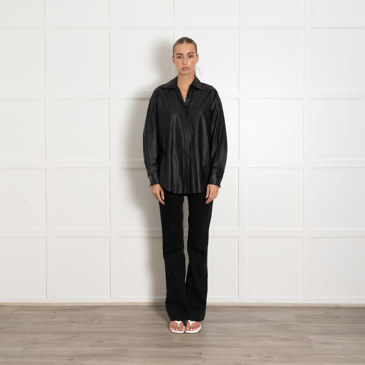 Enza Costa Black Faux Leather Popper Front Oversized Shirt UK6 - Image 1