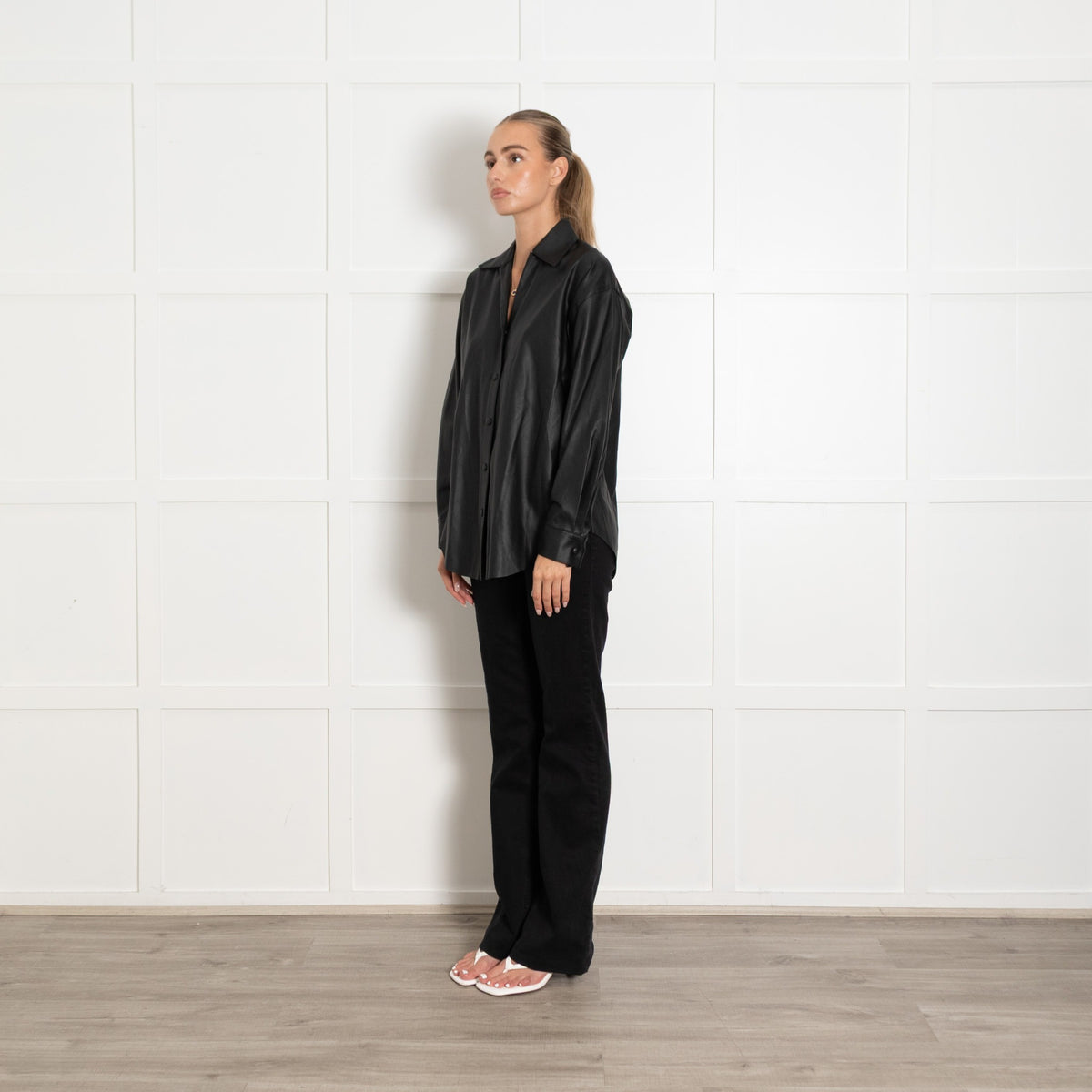 Enza Costa Black Faux Leather Popper Front Oversized Shirt UK6 - Image 3