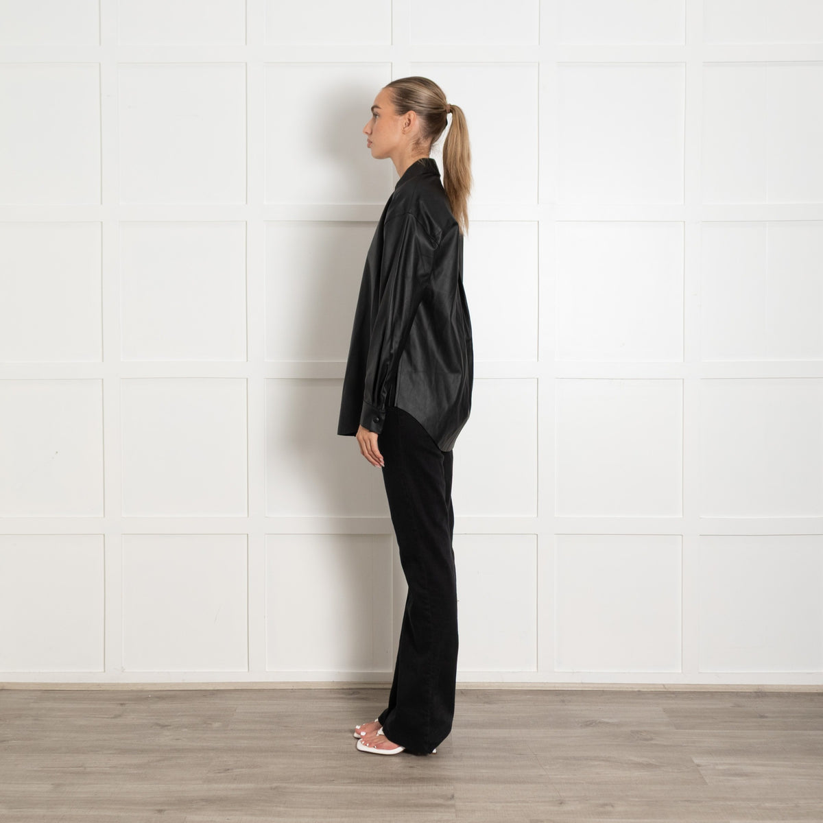 Enza Costa Black Faux Leather Popper Front Oversized Shirt UK6 - Image 4