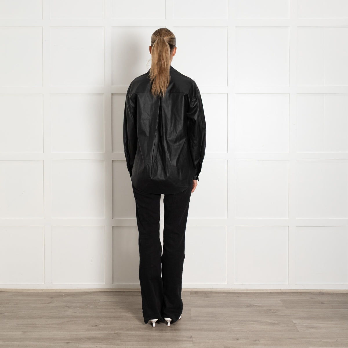 Enza Costa Black Faux Leather Popper Front Oversized Shirt UK6 - Image 5