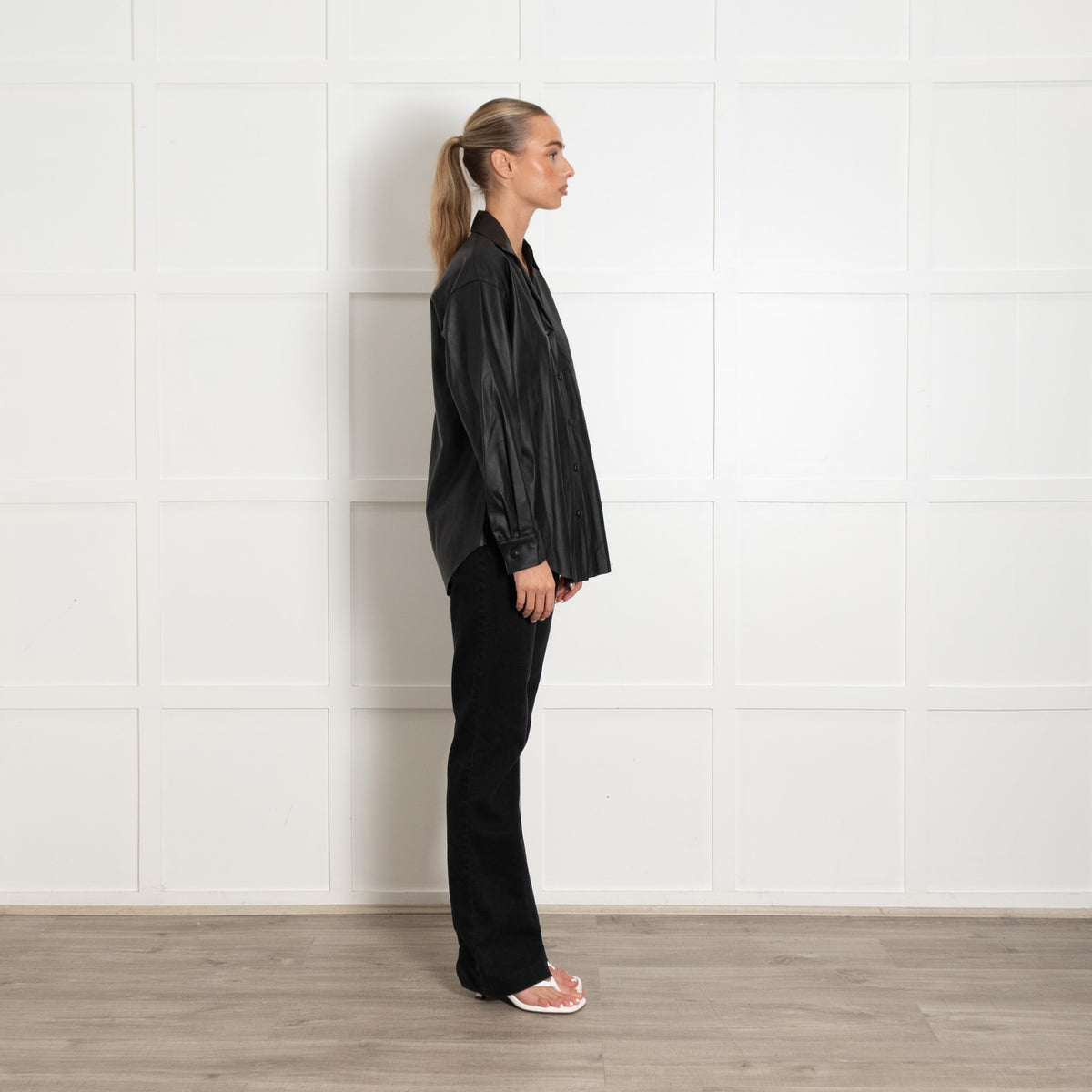 Enza Costa Black Faux Leather Popper Front Oversized Shirt UK6 - Image 6