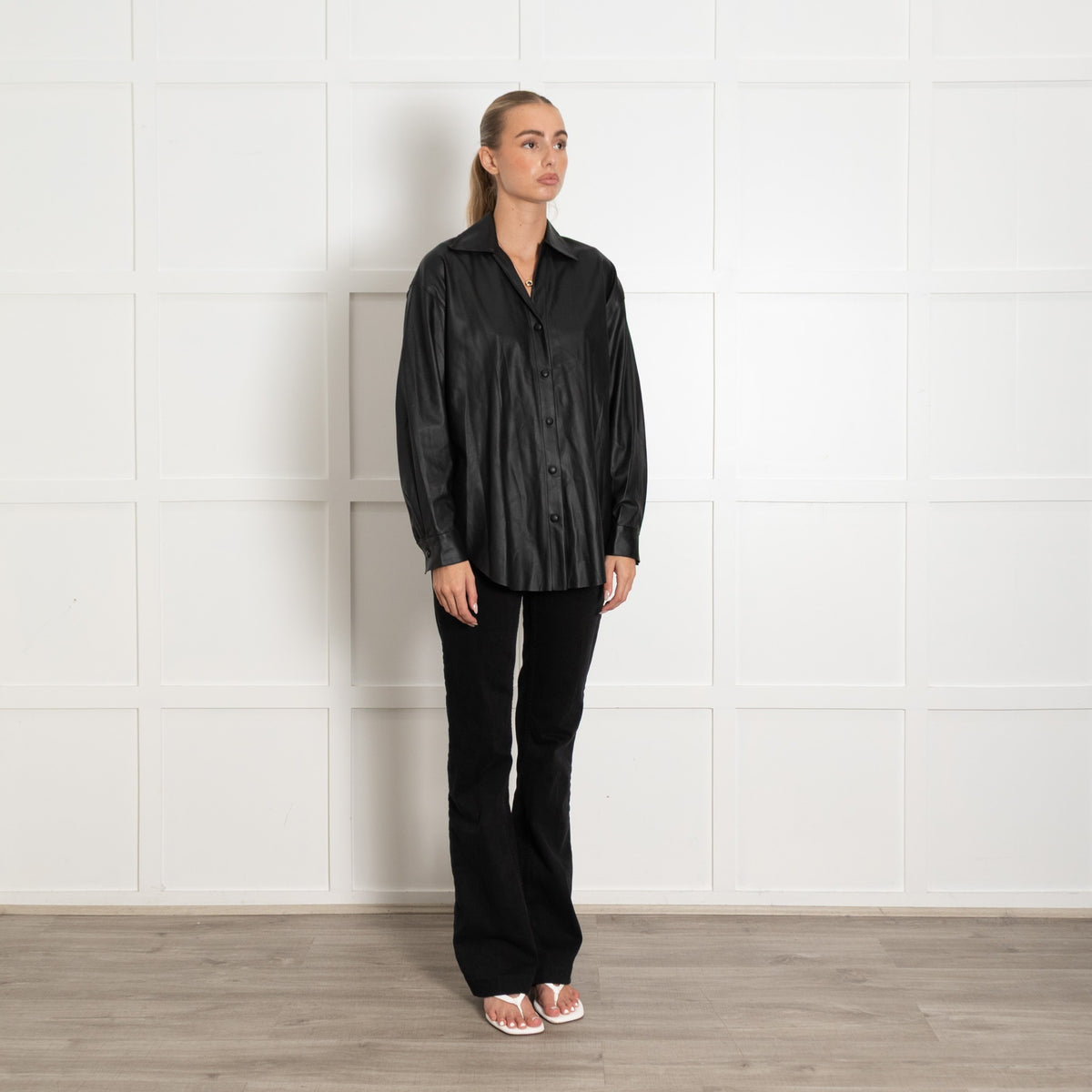 Enza Costa Black Faux Leather Popper Front Oversized Shirt UK6 - Image 7