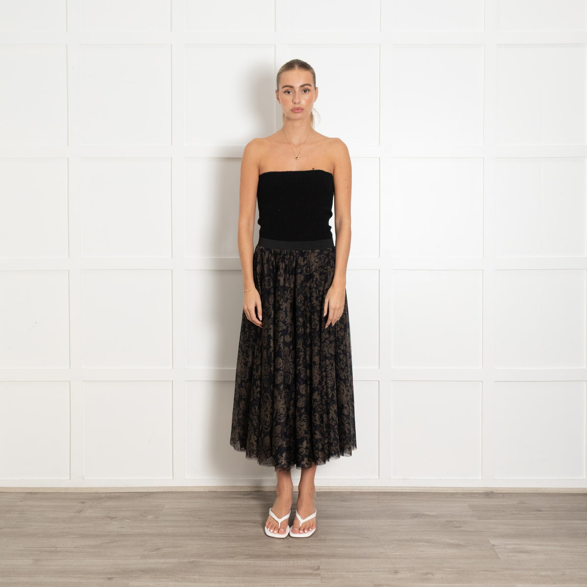 Essential Antwerp Navy Khaki Green Print Mesh Skirt - Image 1