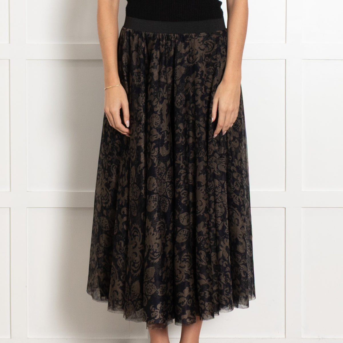 Essential Antwerp Navy Khaki Green Print Mesh Skirt - Image 2