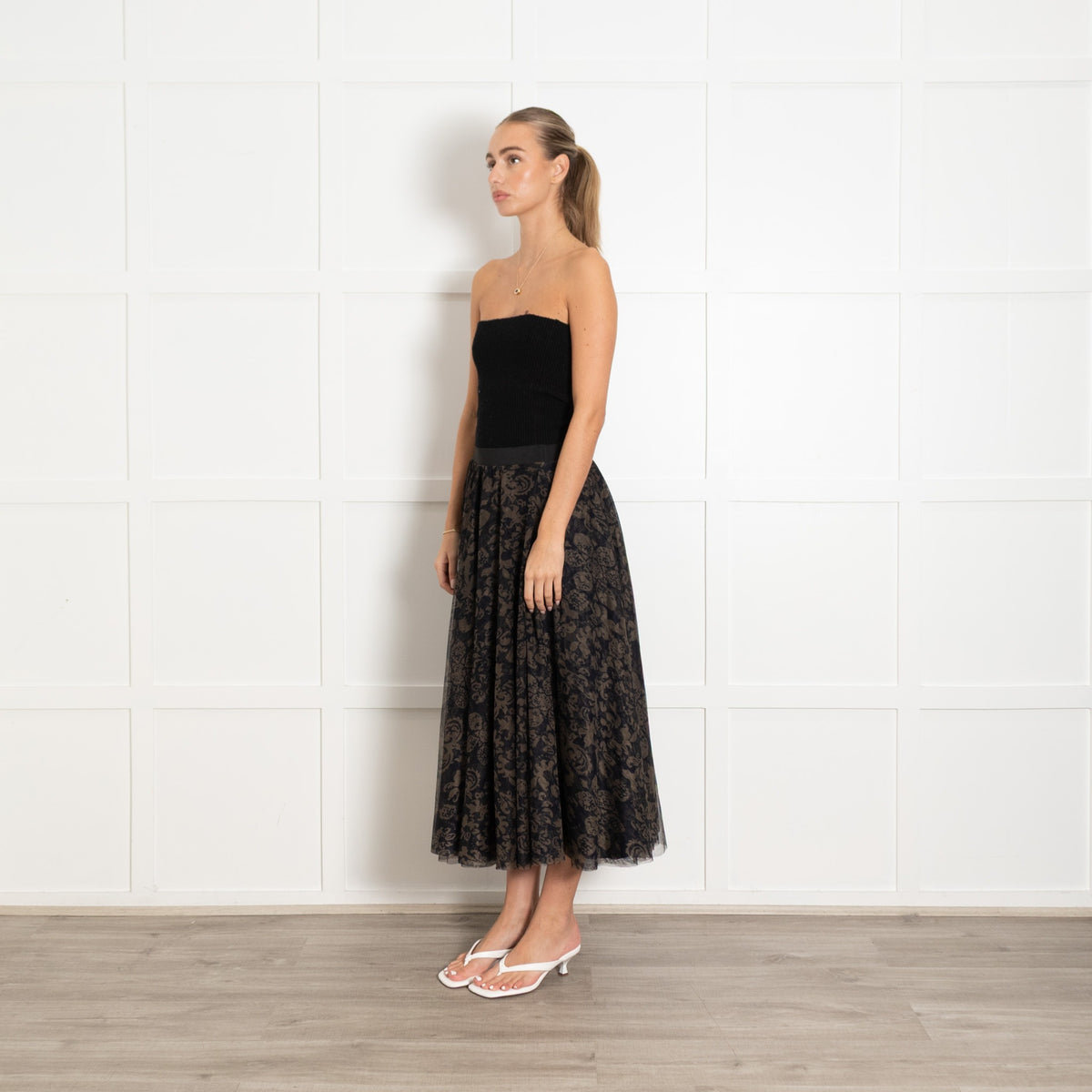 Essential Antwerp Navy Khaki Green Print Mesh Skirt - Image 3