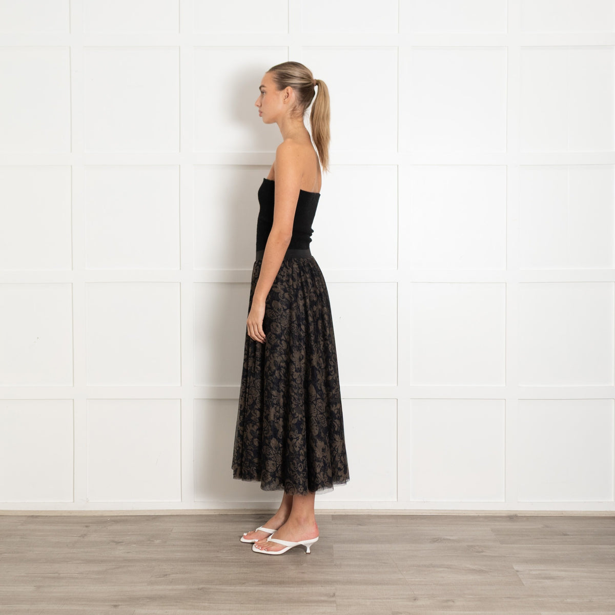 Essential Antwerp Navy Khaki Green Print Mesh Skirt - Image 4