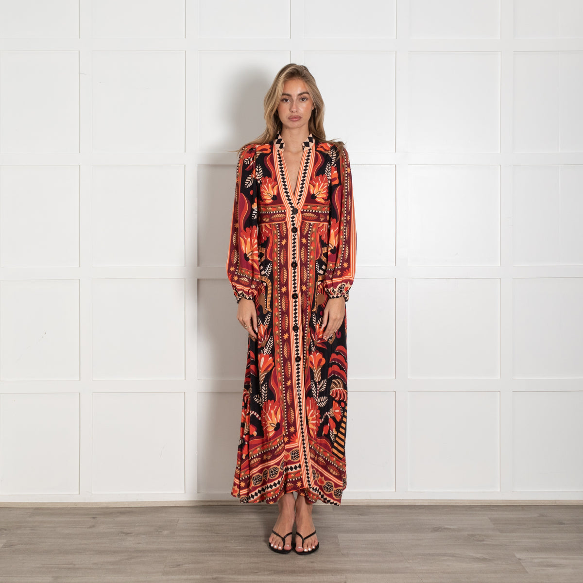 Farm Rio Nature Beauty Red Orange Black Cream Maxi Dress - Image 1