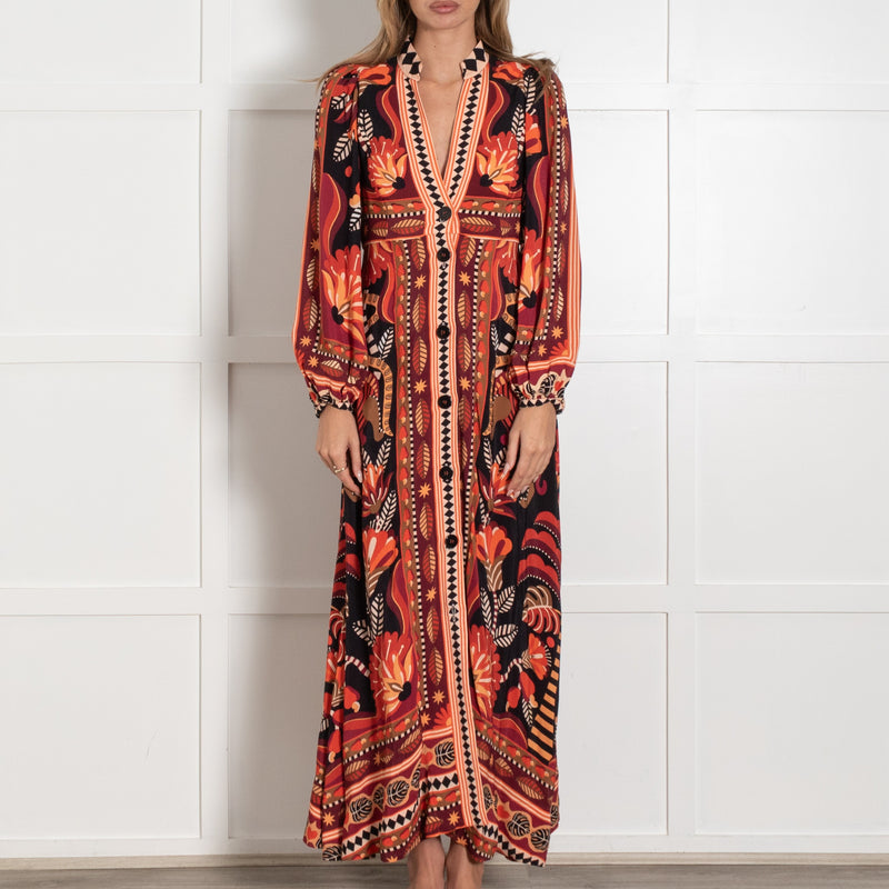 Farm Rio Nature Beauty Red Orange Black Cream Maxi Dress - Image 2