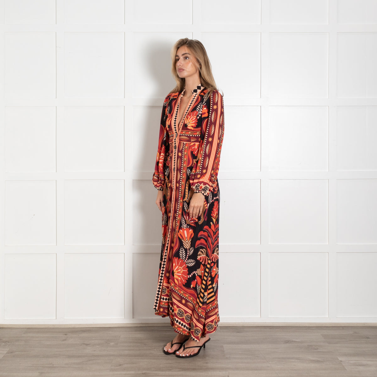 Farm Rio Nature Beauty Red Orange Black Cream Maxi Dress - Image 3