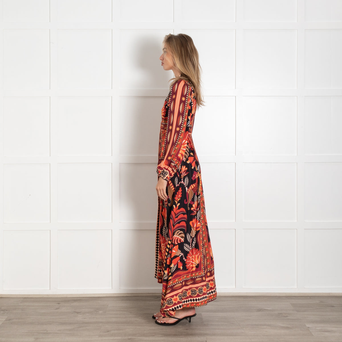 Farm Rio Nature Beauty Red Orange Black Cream Maxi Dress - Image 4