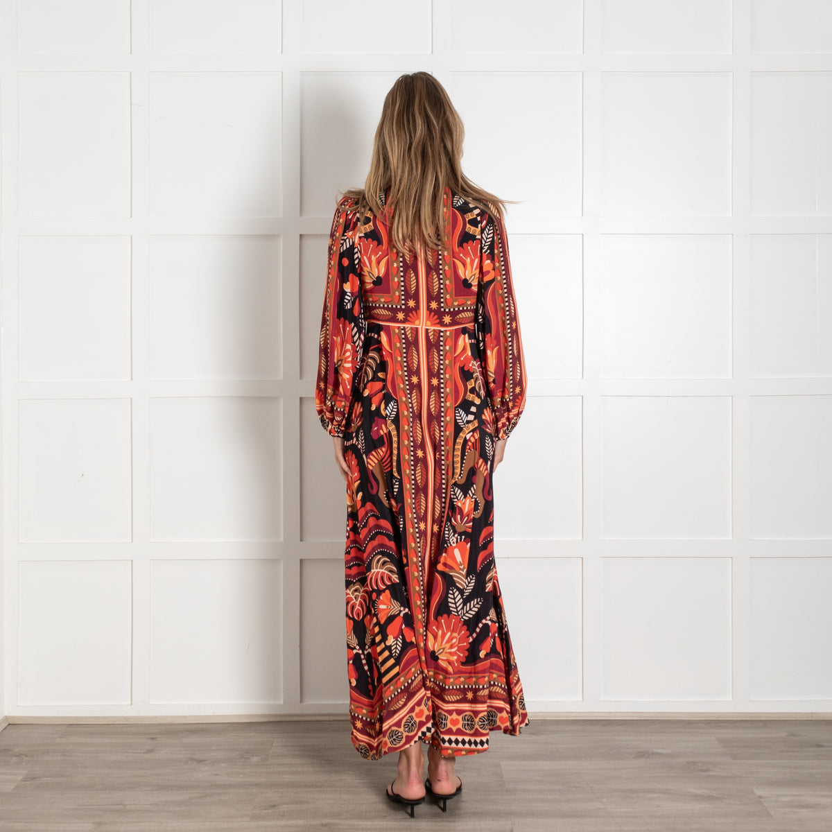 Farm Rio Nature Beauty Red Orange Black Cream Maxi Dress - Image 5