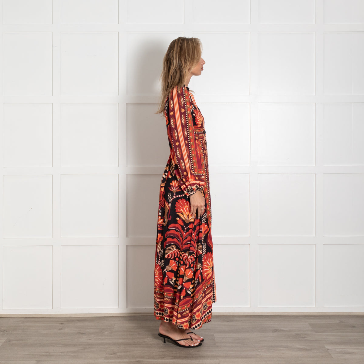 Farm Rio Nature Beauty Red Orange Black Cream Maxi Dress - Image 6