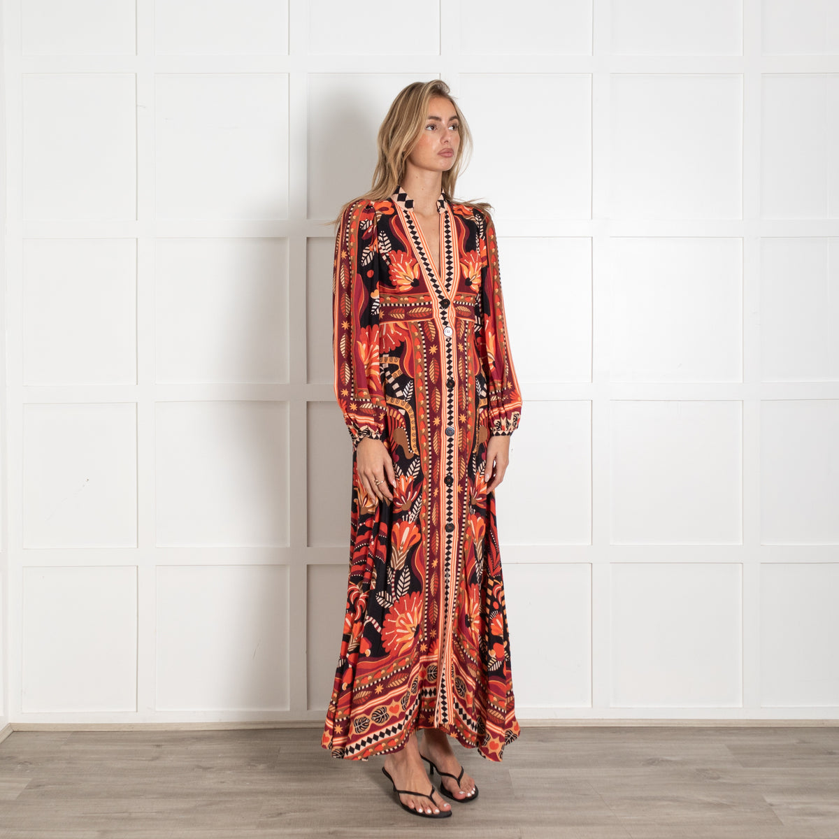 Farm Rio Nature Beauty Red Orange Black Cream Maxi Dress - Image 7