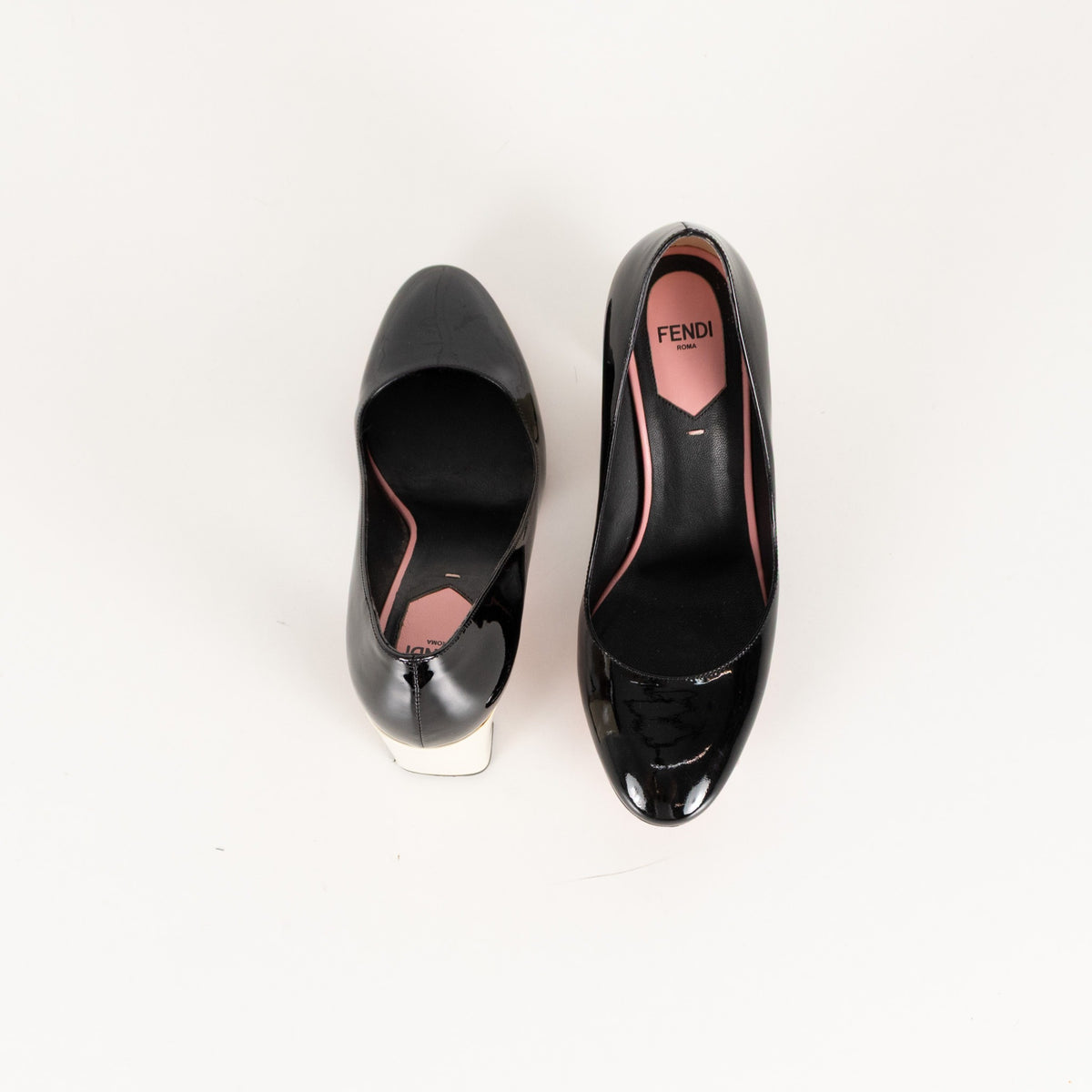 Fendi Roma Black Patent Leather Cream Block Heel Pump - Image 11