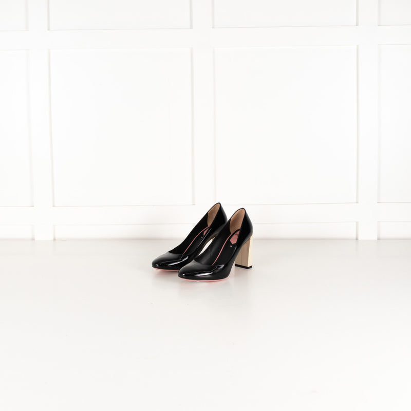 Fendi Roma Black Patent Leather Cream Block Heel Pump - Image 2