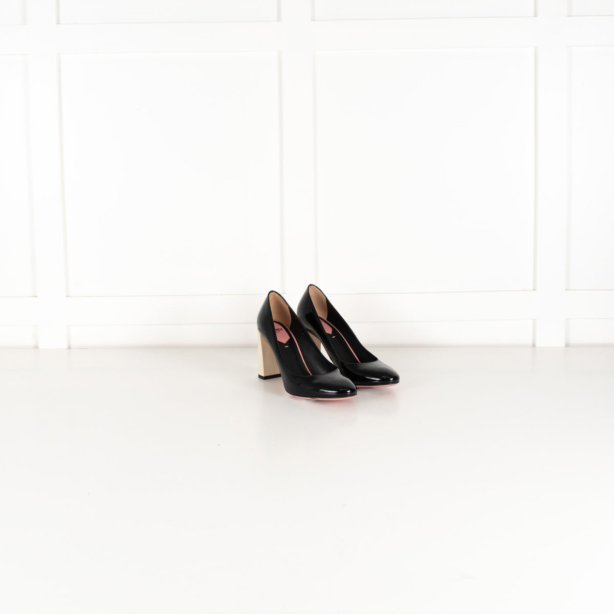 Fendi Roma Black Patent Leather Cream Block Heel Pump - Image 6