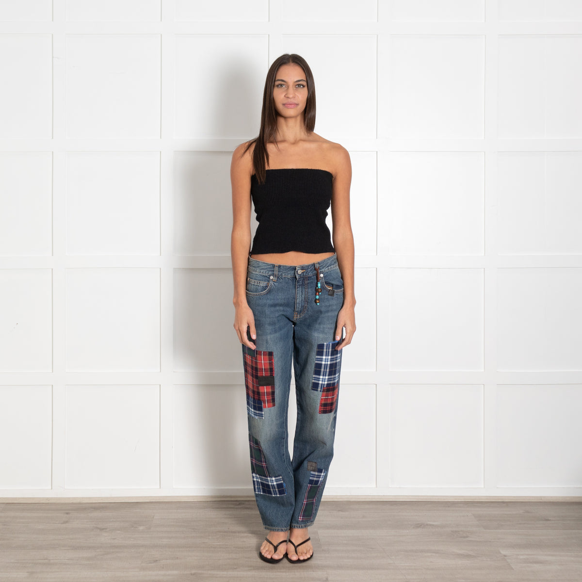 Fortela Blue Washed Denim Plaid Patchwork Jeans - Image 1