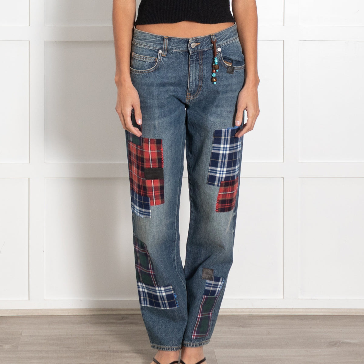 Fortela Blue Washed Denim Plaid Patchwork Jeans - Image 2