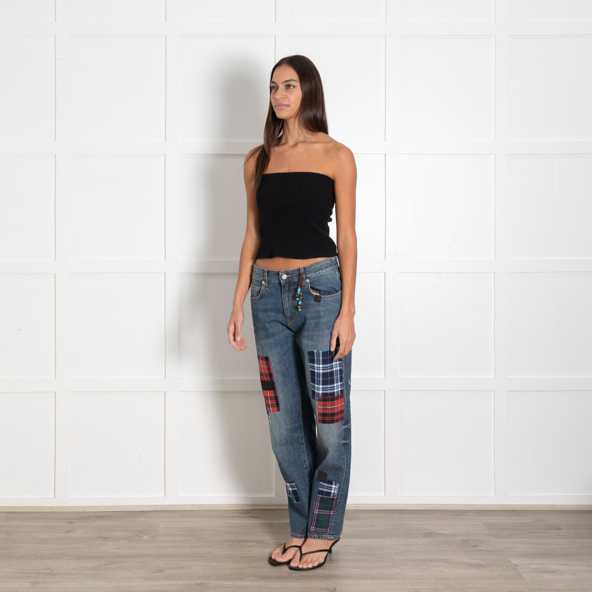Fortela Blue Washed Denim Plaid Patchwork Jeans - Image 3