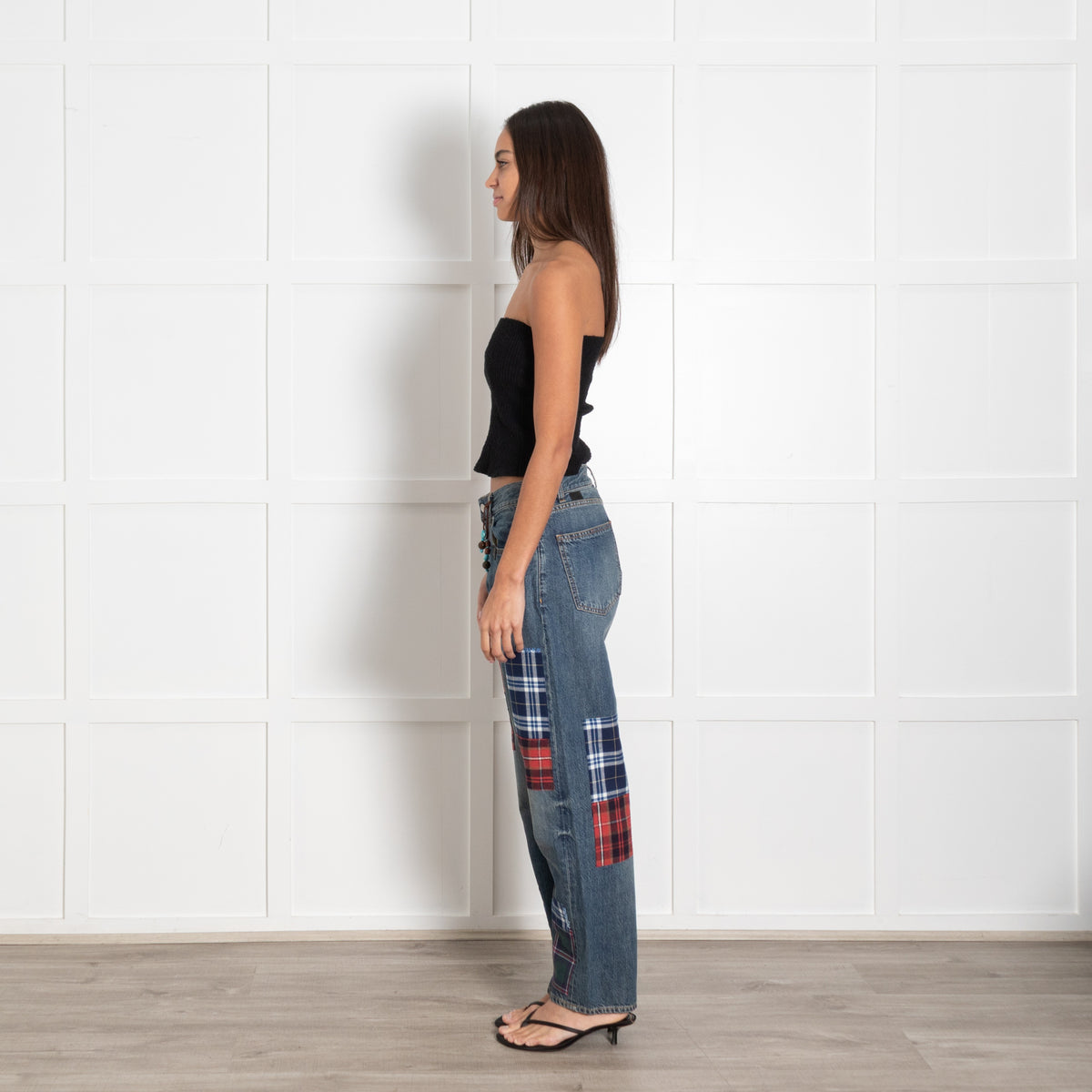 Fortela Blue Washed Denim Plaid Patchwork Jeans - Image 4