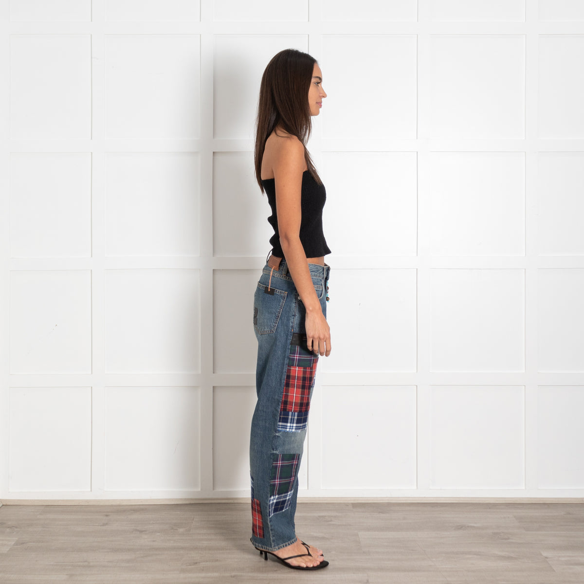 Fortela Blue Washed Denim Plaid Patchwork Jeans - Image 6