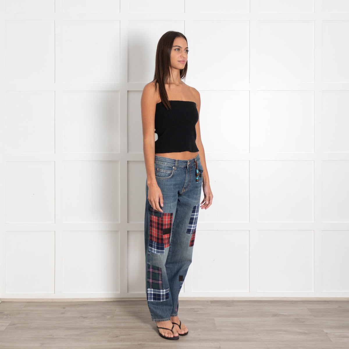 Fortela Blue Washed Denim Plaid Patchwork Jeans - Image 7